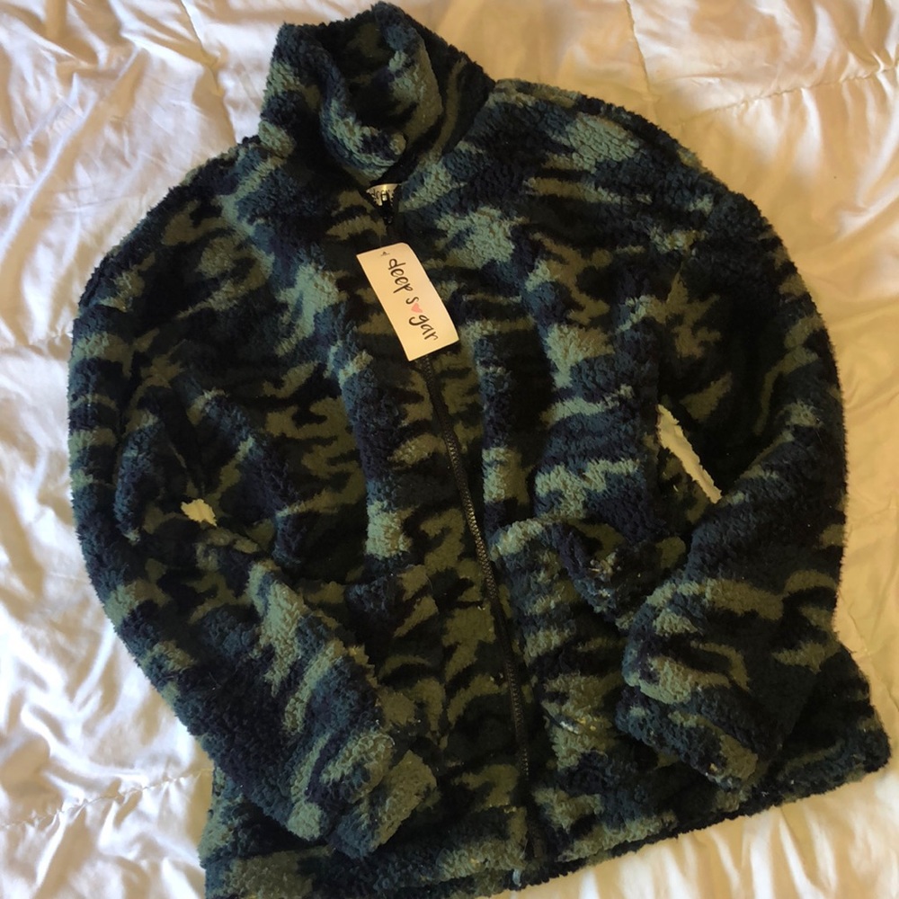 Deep Sugar | Camo Teddy Bear Sherpa Full Zip Coat